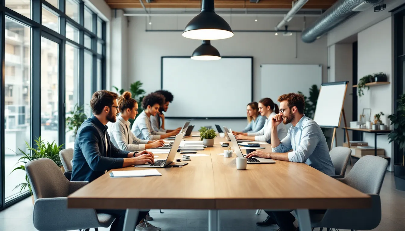 A diverse group of professionals, including architects and other workers, collaborate around laptops and documents in a bright office space, engaging in problem-solving discussions about collective bargaining agreements and working conditions in the built environment. Their teamwork reflects a commitment to improving wages and safety standards within the industry.