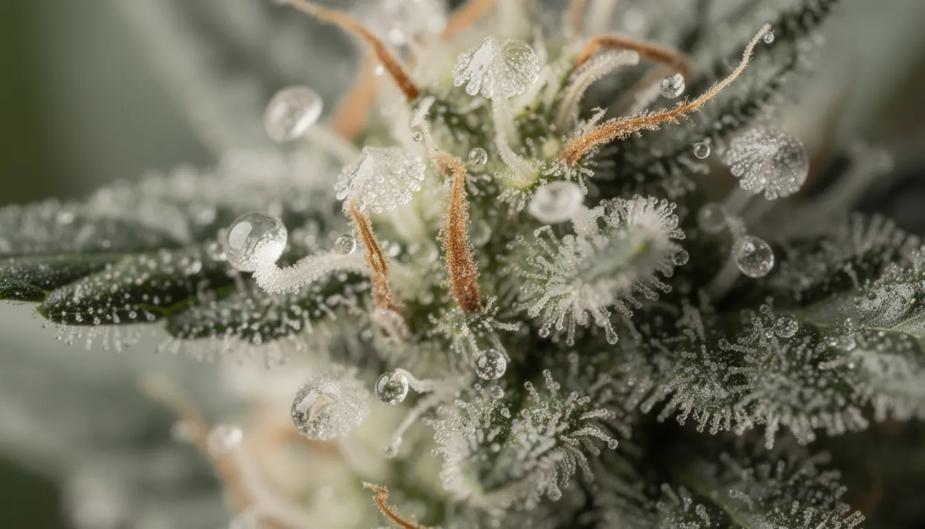 Die Makroaufnahme zeigt die Trichome einer Cannabisblüte, die wie kleine, glitzernde Kristalle erscheinen. Diese feinen Strukturen sind reich an Cannabinoiden und verleihen der Cannabis Pflanze ihre charakteristische Wirkung und Qualität.