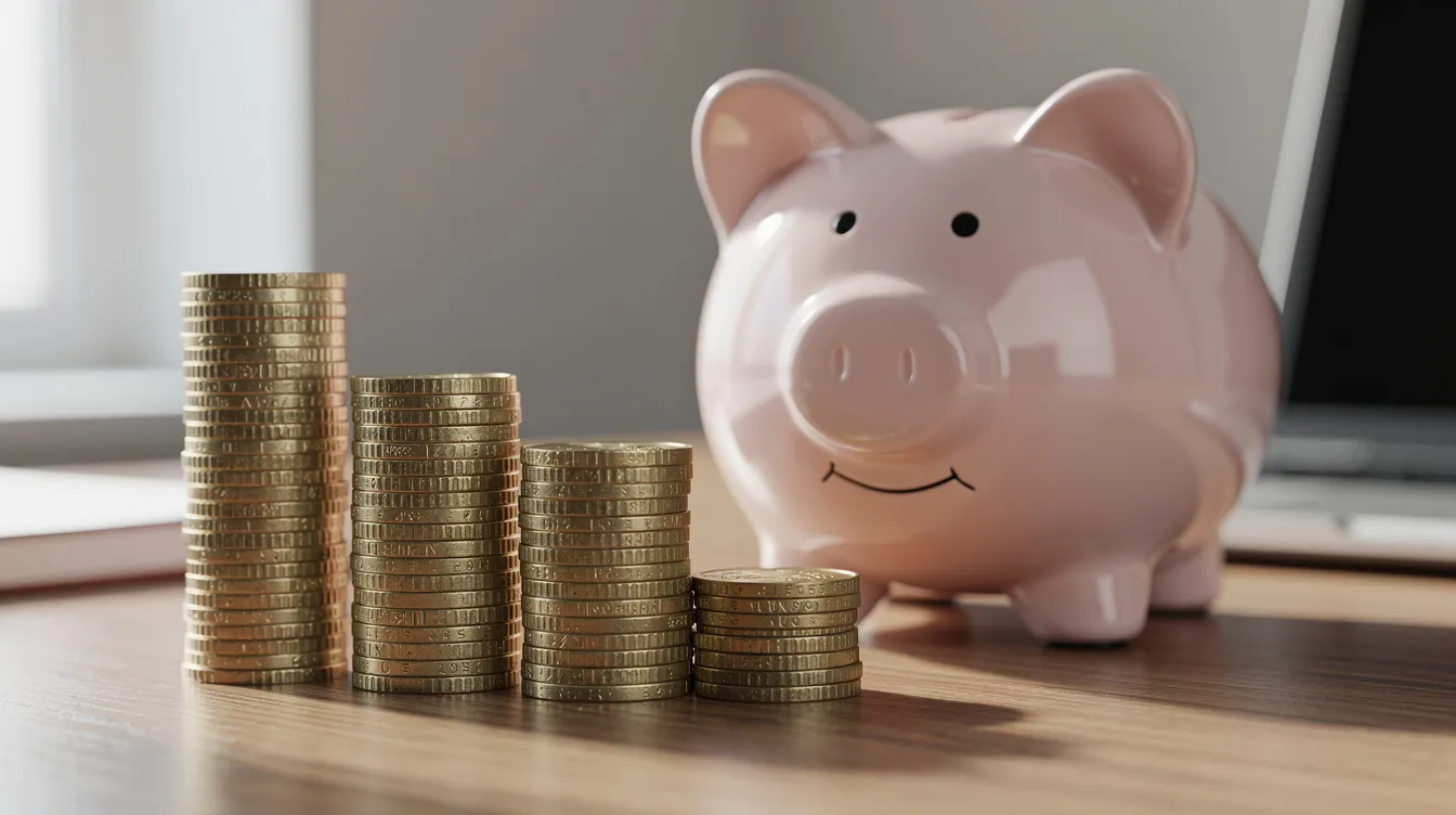 Das Bild zeigt gestapelte Euro-Münzen neben einem Sparschwein auf einem Schreibtisch, was symbolisch für das Thema Geld und Sparen steht. Diese Darstellung könnte auch in den Kontext von Finanzierungsformen wie Annuitätendarlehen und deren Rückzahlung passen.