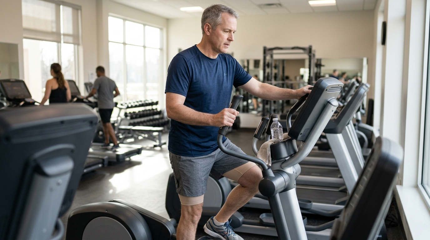 Man using an elliptical machine for low-impact cardio at the gym