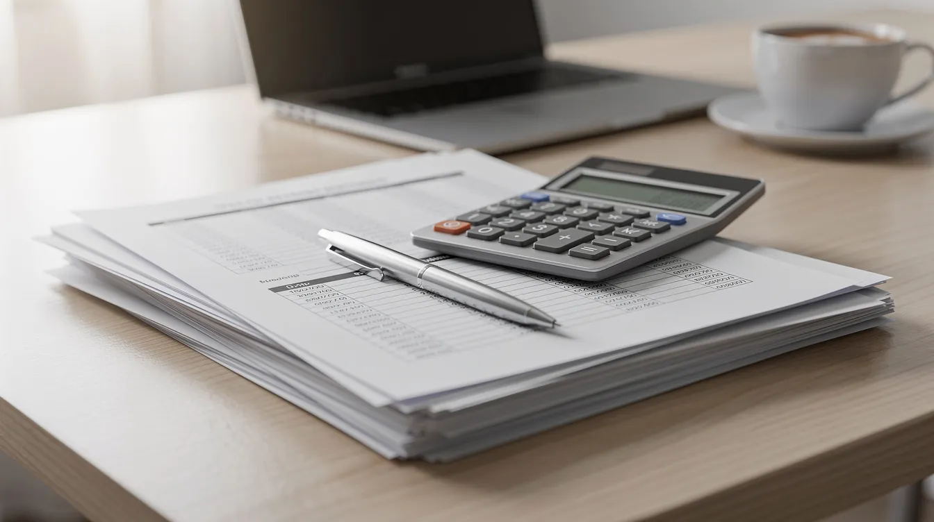 The image features a cluttered office desk with various financial documents and a calculator, emphasizing the importance of managing debts and loans. Key elements such as monthly payment amounts, interest rates, and repayment plans are visually represented, highlighting the complexity of financial management.