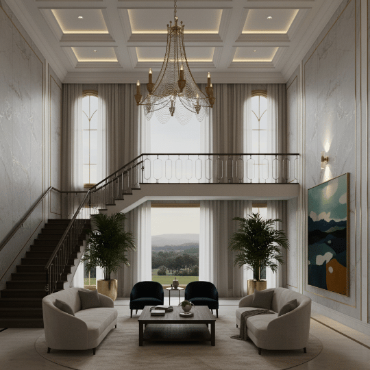 Classic candle chandelier with draped chain detailing hanging in a grand double-height living room.