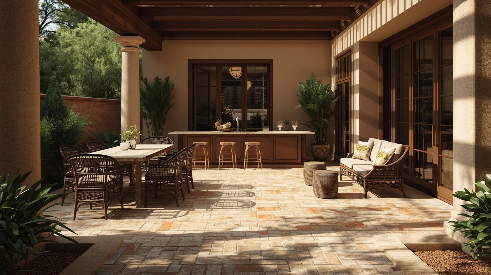 A sun-drenched outdoor entertainment area featuring a sophisticated french tile pattern layout.