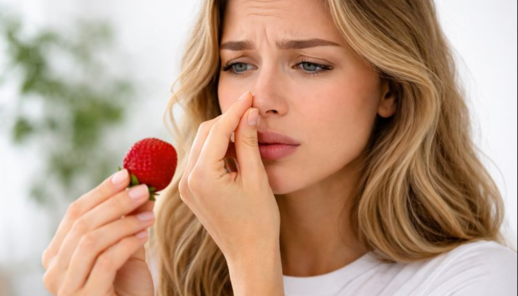 Mistet Smak og Luktesans: Hvordan Det Påvirker Munnhelsen 12 En kvinne ser forvirret ut mens hun lukter på et jordbær, uten å merke lukt eller smak.