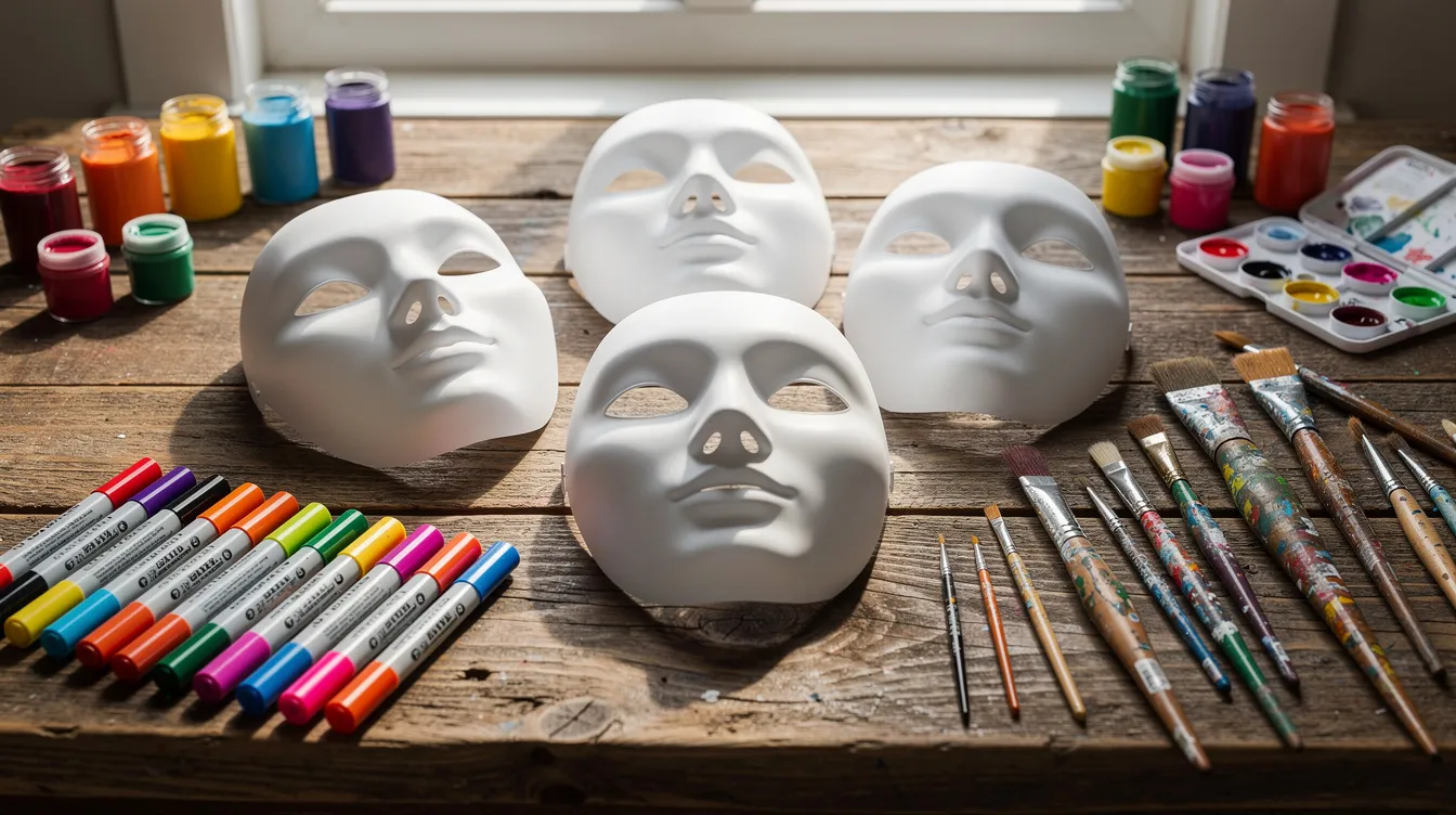The image shows an array of art supplies on a wooden table, featuring blank white masks, vibrant markers, and paint brushes, which can be used in trauma therapy and art therapy sessions to promote creative expression and support the healing process for trauma survivors. This setup encourages individuals to engage in coping strategies and process difficult emotions in a safe environment.