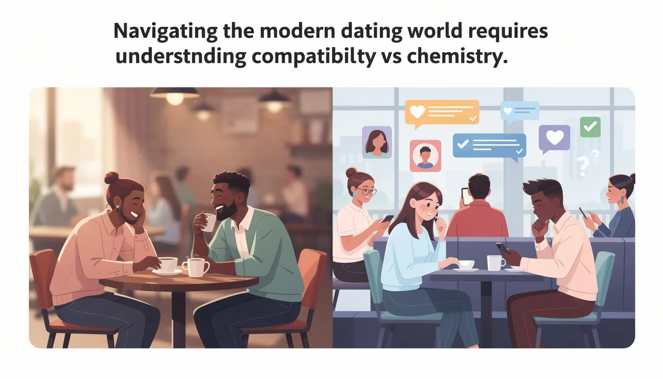 The image depicts a diverse group of people engaged in conversations on dates and using dating apps, highlighting the complexity of modern dating. The caption emphasizes the importance of understanding compatibility vs chemistry in building healthy relationships based on mutual respect and shared values.