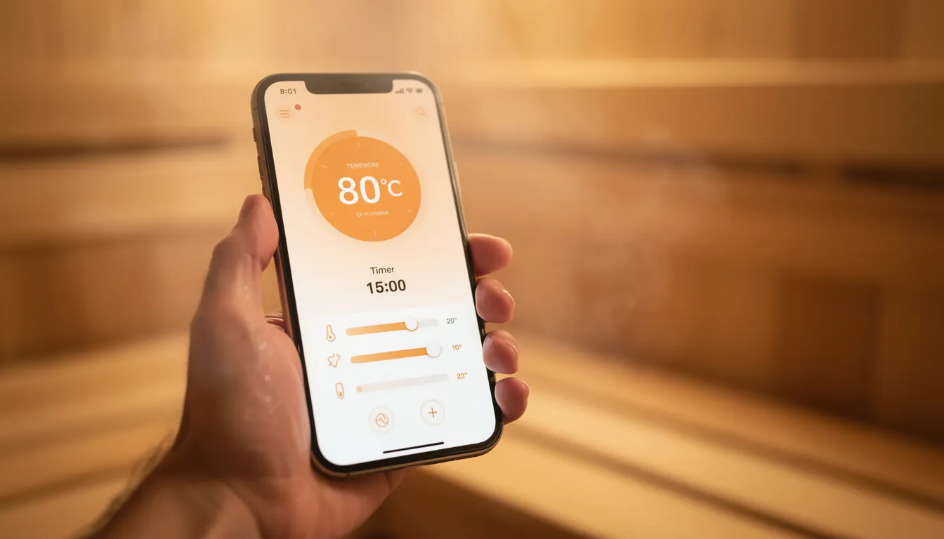 A person is holding a smartphone displaying a sauna control app, showing the temperature and timer settings for a smart sauna, enhancing the sauna experience with features like real-time monitoring and personalized settings for optimal wellness. This technology allows users to conveniently manage their sauna sessions remotely, promoting health benefits such as improved circulation and stress reduction.