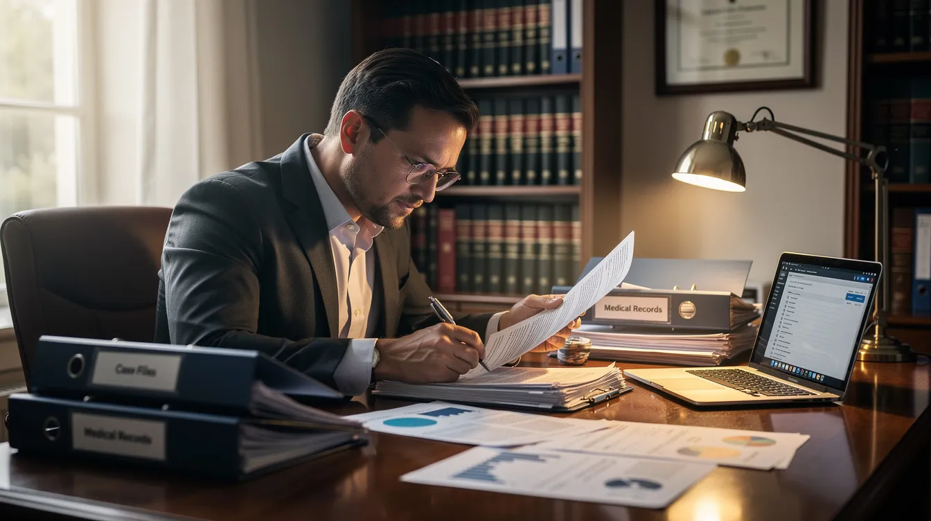 An attorney is seated at a desk, carefully reviewing documents and medical records related to personal injury cases, likely involving car accident victims. This scene reflects the legal process of preparing a car accident claim, emphasizing the importance of thorough investigation for fair compensation in Denver car accident cases.