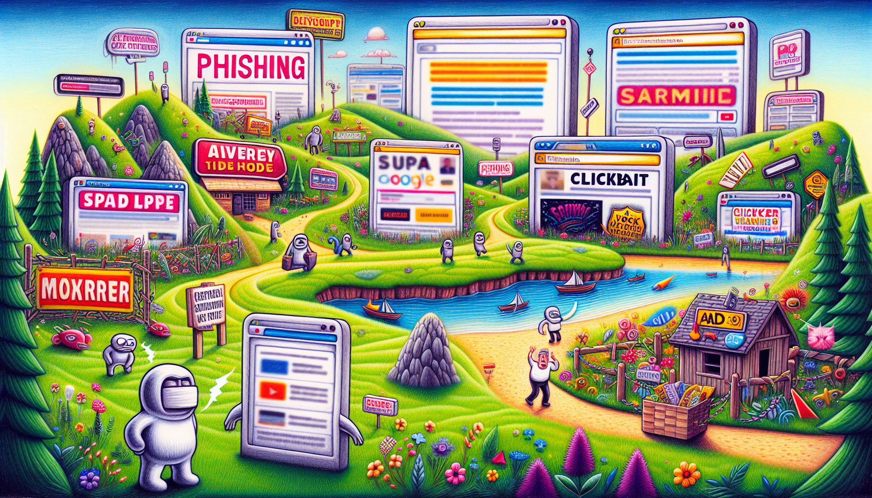 An illustration of common types of spam websites, including phishing and clickbait.