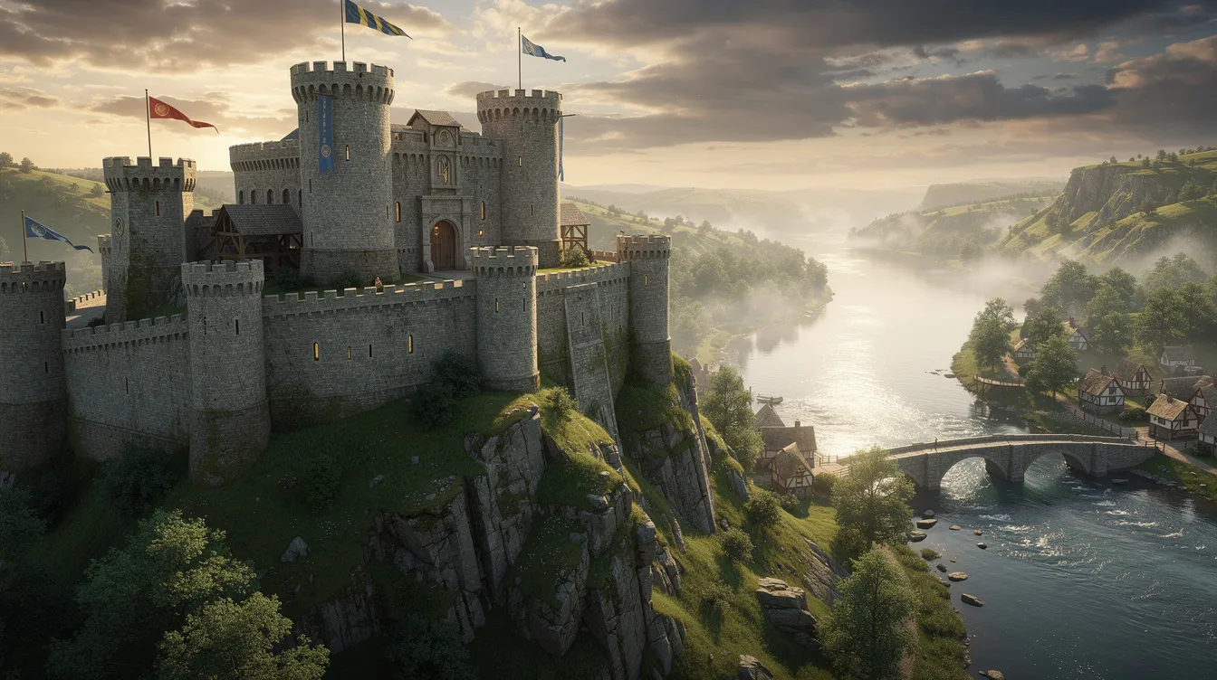 A imagem mostra uma imponente fortaleza medieval situada no topo de uma colina, com vista panorâmica para dois rios que se encontram ao fundo. A paisagem ao redor é marcada por montanhas e vegetação, destacando a beleza natural da região da Croácia.