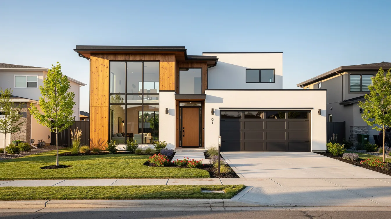 The image depicts a newly completed modern single-family home situated in a suburban development, surrounded by well-maintained landscaping. This residential property showcases the results of successful construction projects, often financed through options like hard money construction loans or traditional lenders, highlighting the importance of reliable financing in real estate investing.