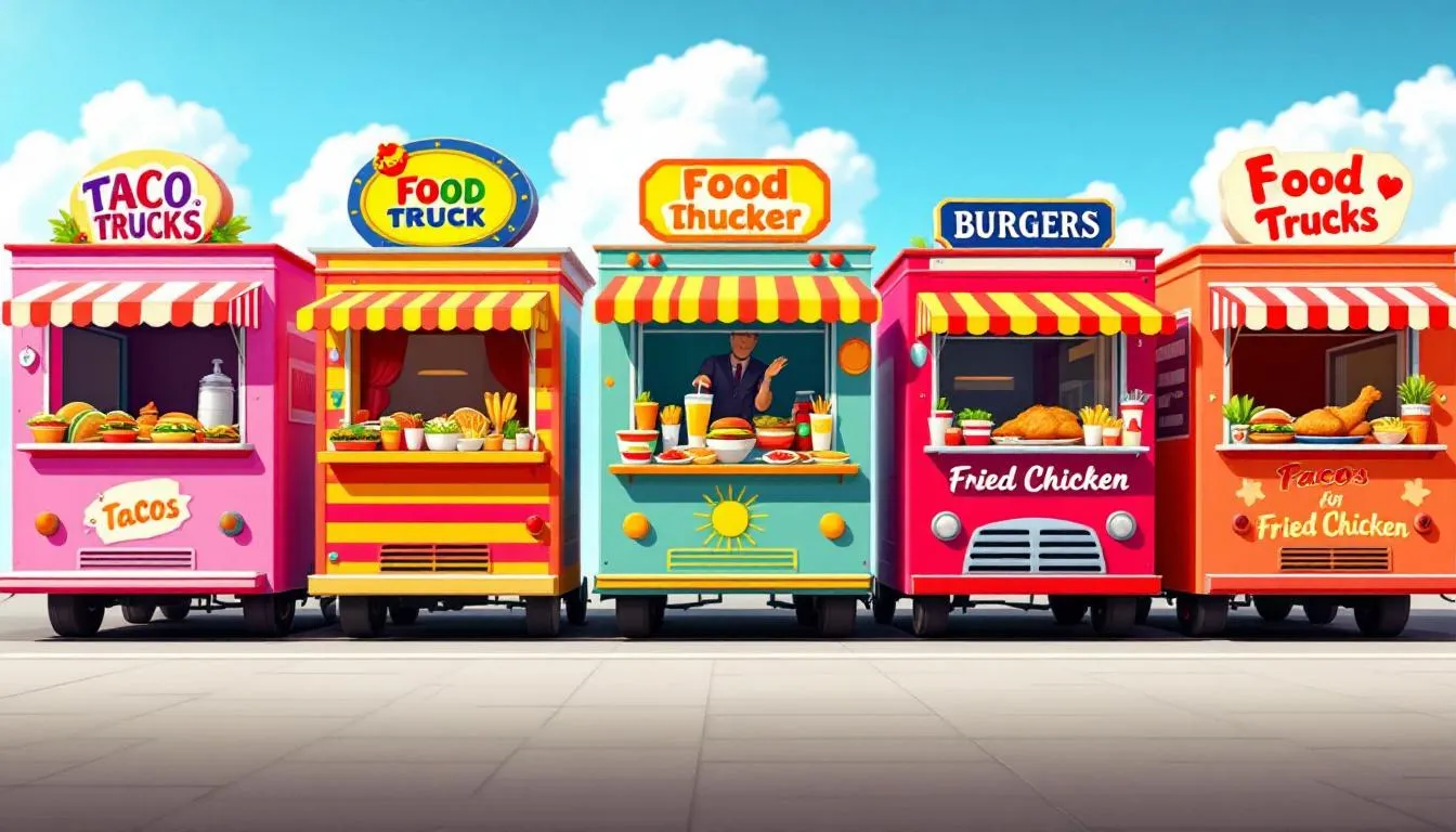 We see a row of colorful food trucks offering different dishes, creating a friendly vibe at the company picnic. Attendees can enjoy tasty catering in the fresh air, which helps team bonding and building lasting relationships.