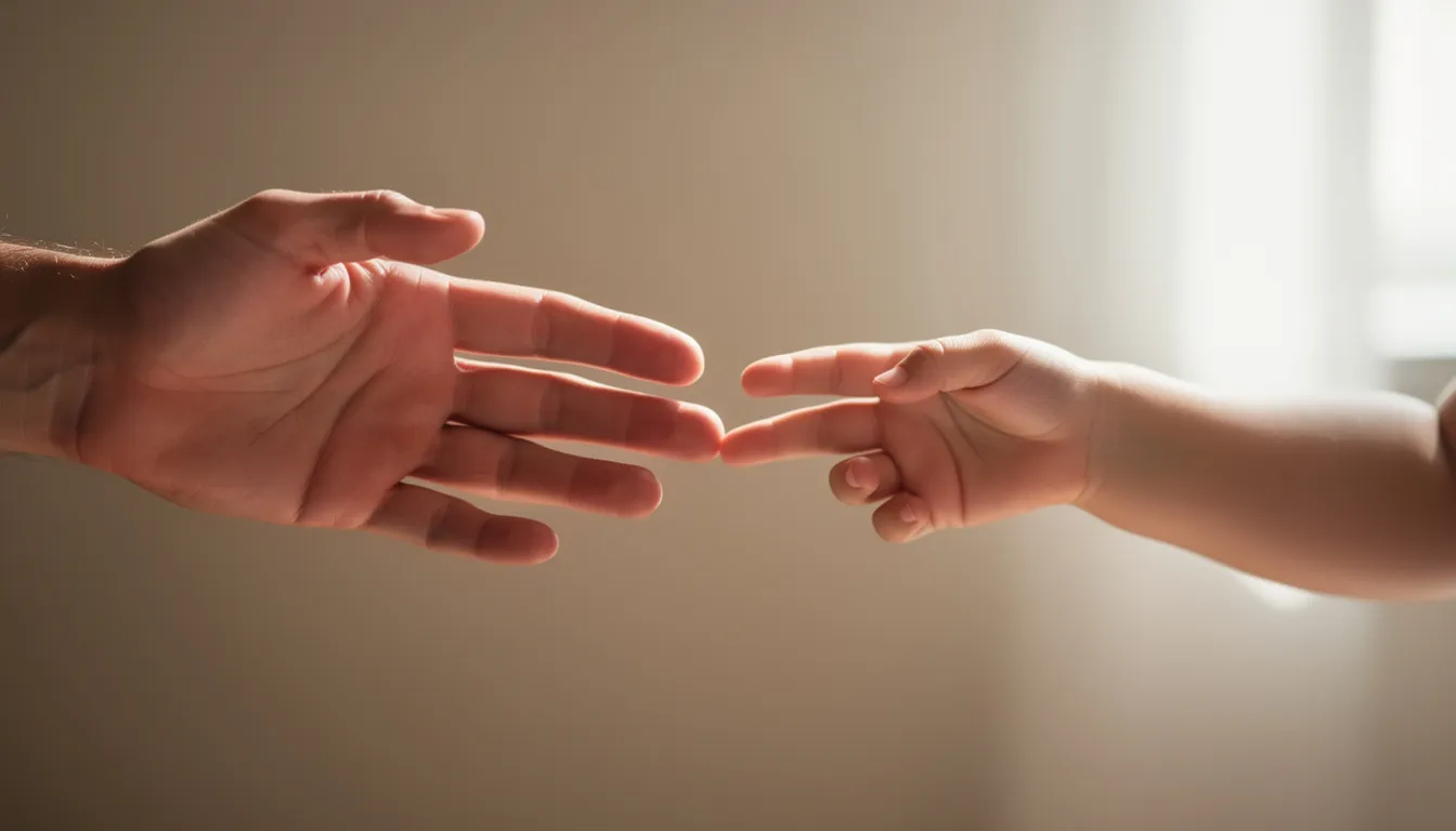The image depicts an adult hand and a child's hand reaching toward each other, symbolizing the foundational roots of early relationships. This moment reflects the importance of building healthy boundaries and mutual respect, essential for overcoming codependent behaviors and fostering emotional well-being.