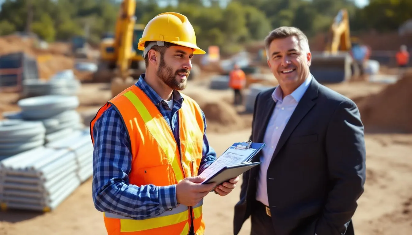 A contractor is presenting a cost estimate for a commercial water line installation to a property developer, with a clipboard in hand. Surrounding them are various water line materials and excavation equipment, indicative of the ongoing plumbing services at the commercial job site in Oklahoma City.
