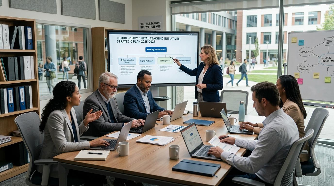 Professional higher education environment showing university administrators and faculty planning future-ready digital teaching initiatives.
