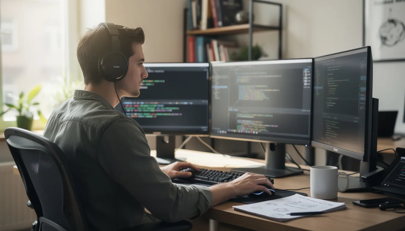 The image depicts a software developer focused on their work, surrounded by multiple screens displaying code and software development tools. This scene highlights the critical thinking and problem-solving skills essential for software engineers in the evolving landscape of artificial intelligence and coding technologies.