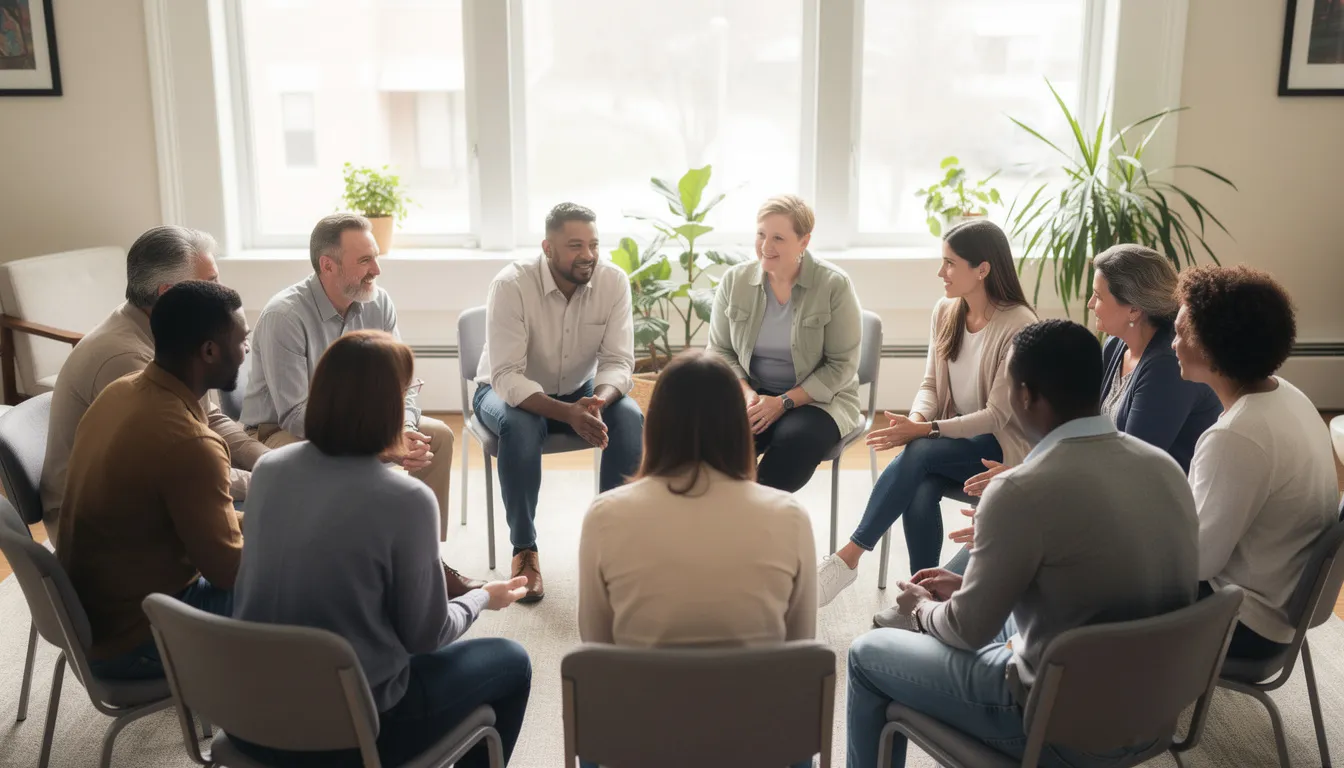 The image depicts a diverse group of individuals sitting in a circle, engaging in a supportive discussion that emphasizes mental health care and recovery. This setting represents a safe environment for group therapy, where participants share experiences and coping skills related to mental health conditions.
