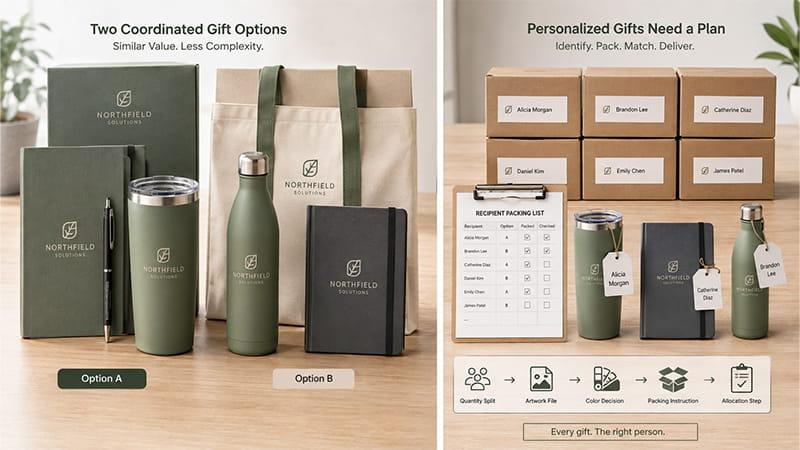 Coordinated employee gift options and personalized packing plan for a larger administrative team