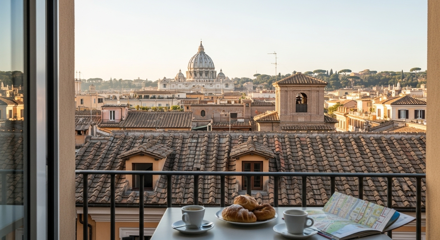 View from a hotel balcony in Rome’s historic center, with espresso and pastries in the foreground and St. Peter’s Basilica visible above the city’s tiled rooftops.