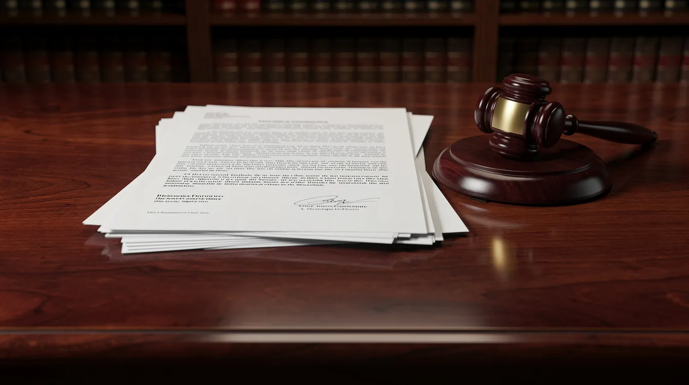 The image features a polished wooden desk with legal documents scattered across it and a gavel prominently placed on top, symbolizing the serious nature of medical malpractice cases. This setting reflects the professional environment of a medical malpractice lawyer or law firm, where complex cases involving medical negligence are discussed and prepared for trial.