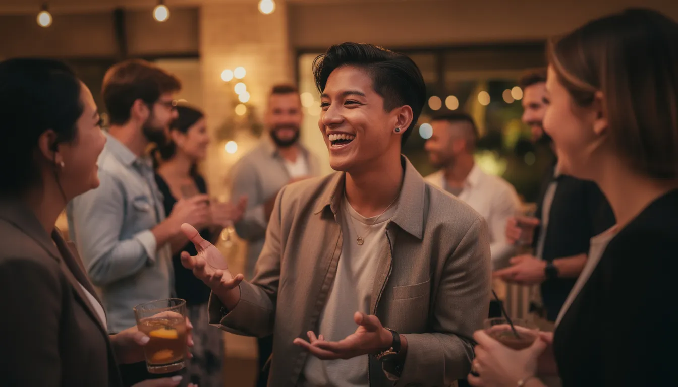 A person with a beautiful smile is confidently engaging with friends at a social gathering, showcasing the results of cosmetic dentistry. Their excellent oral hygiene and the effects of cosmetic dental procedures, such as teeth whitening or dental veneers, are evident as they enjoy the moment.