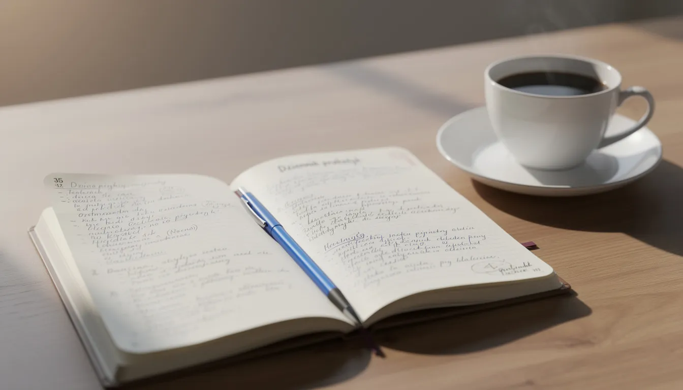 Na biurku znajduje się otwarty dziennik praktyk przygotowania pedagogicznego, obok kt&oacute;rego leży długopis oraz filiżanka kawy. Dziennik dokumentuje przebieg praktyk, w tym asystowanie nauczycielowi podczas zajęć lekcyjnych oraz konsultacje z opiekunem praktyk.