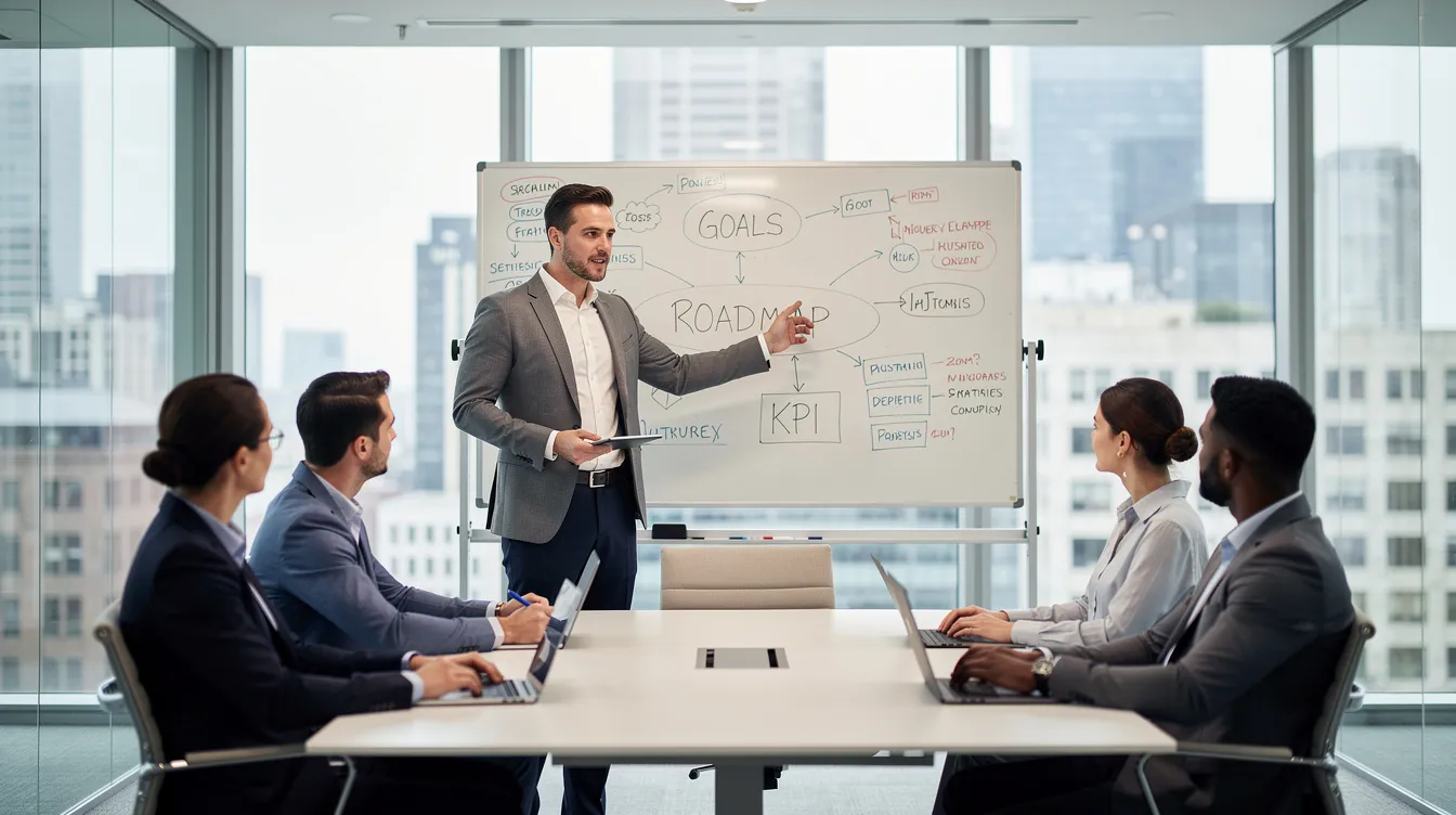 Un manager confiant se tient devant une petite équipe lors d'une réunion stratégique dans une salle de conférence moderne, gesticulant vers un tableau blanc. Cette scène illustre l'importance de bien travailler en équipe et de la collaboration pour atteindre les objectifs d'une entreprise.