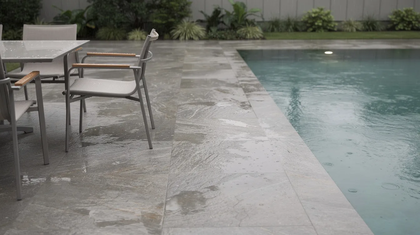 The image depicts an outdoor patio featuring textured porcelain tiles that mimic natural stone, positioned beside a pool after a rain shower. The wet surface reflects light, showcasing its slip-resistant qualities, making it ideal for high traffic areas while maintaining a refined look.