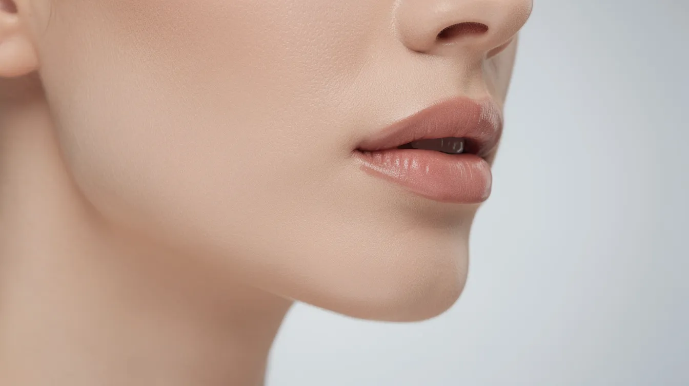 The image features a close-up side profile of a woman's lower face, showcasing a well-defined jawline and smooth skin under soft clinical lighting. This highlights the effects of treatments such as endolift for jawline definition, emphasizing skin tightening and improved skin quality.