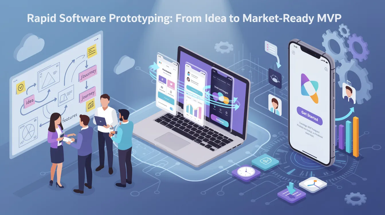 The image illustrates the concept of rapid software prototyping, showcasing a visual representation of the development process from initial ideas to market-ready minimum viable products (MVPs). It emphasizes user-centric design, highlighting the importance of gathering user feedback and iterating on high-fidelity prototypes to meet user needs effectively.