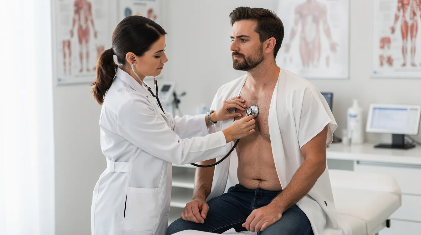 A medical professional is conducting a chest examination on a male patient in a clinical setting, assessing for signs of breast tissue growth or gynecomastia. The examination may involve discussing treatment options such as male breast reduction surgery to achieve a more masculine chest contour.
