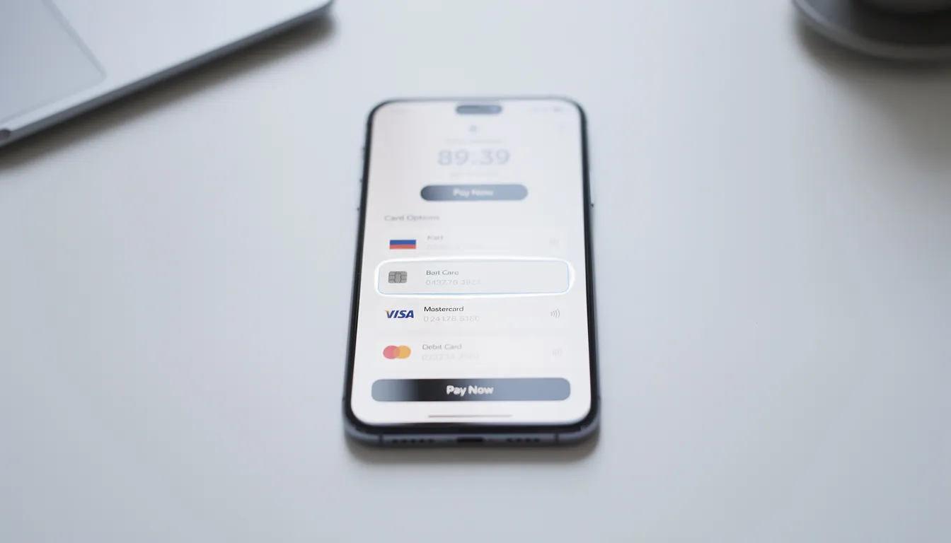 The image shows a smartphone with a mobile payment checkout screen, featuring various card options for users to select, highlighting the convenience of accepting card payments through digital methods like Apple Pay and Google Pay. This setup illustrates the modern approach to payment processing, allowing customers to complete transactions securely and efficiently.