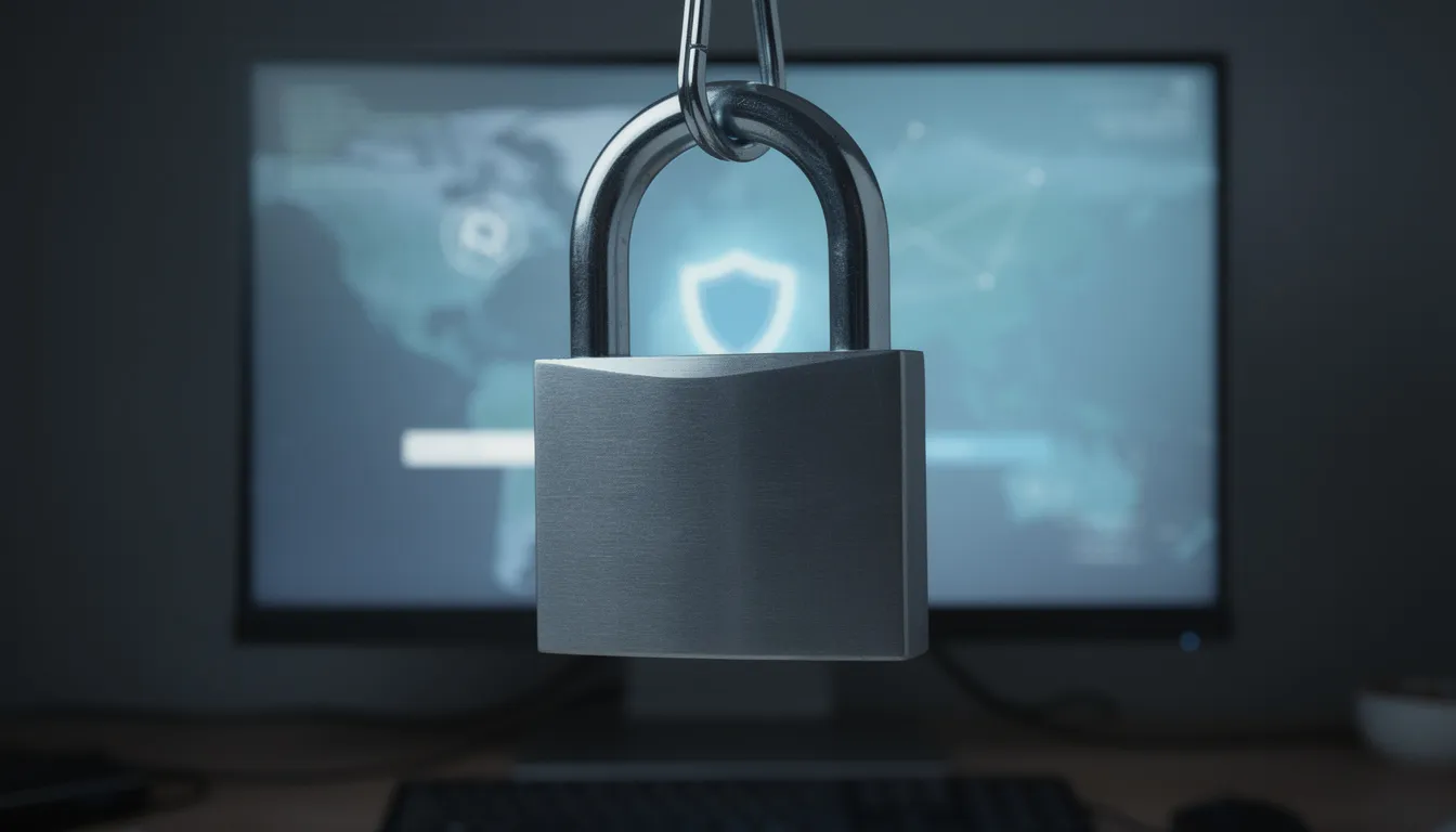 En bild av ett hänglås som står framför en dataskärm, vilket symboliserar online-säkerhet och skydd mot cyberattacker. Hänglåset representerar vikten av att skydda sig mot obehörig åtkomst på webbplatser som hajper.com.