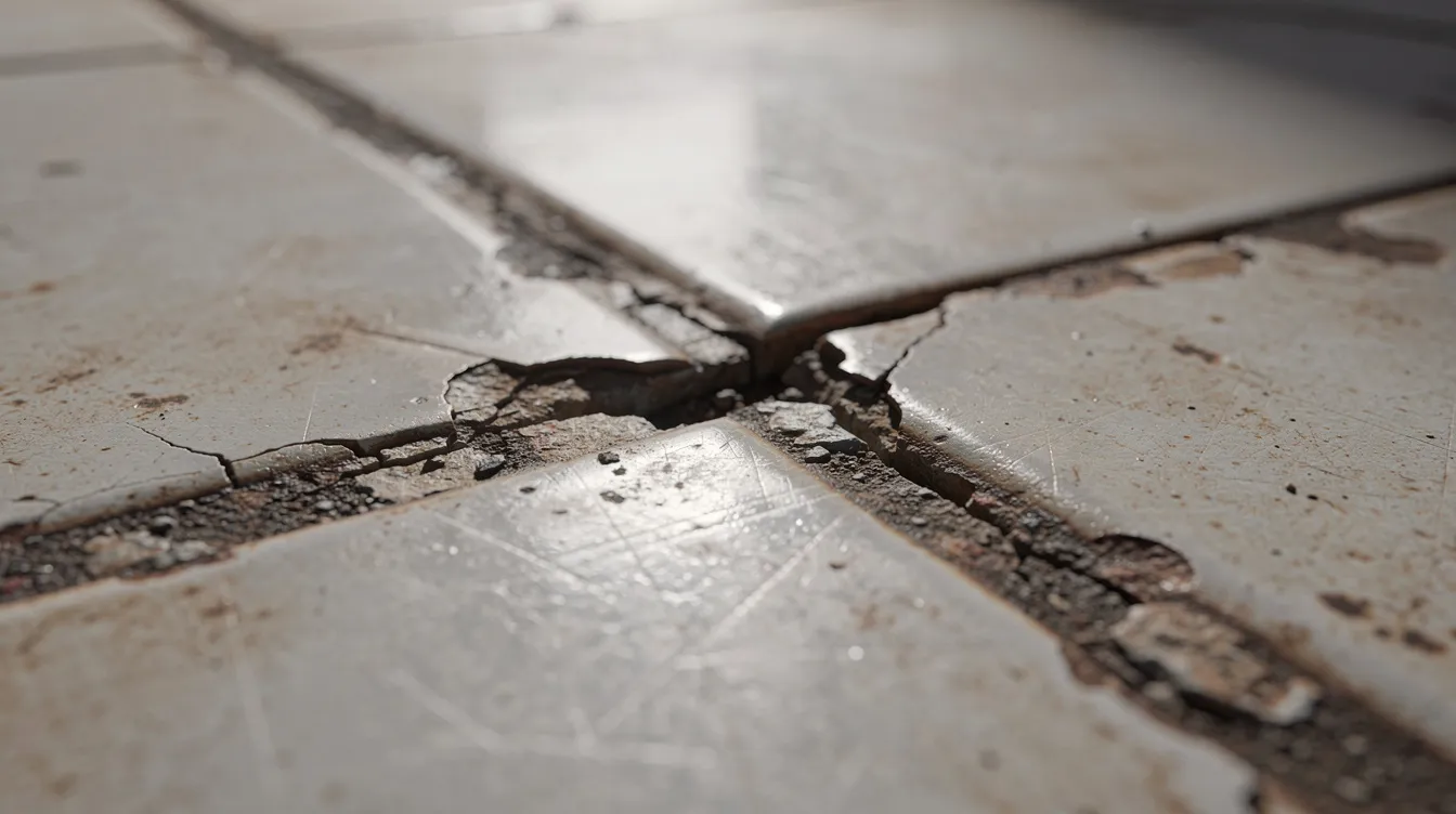A close-up view of a tile floor reveals cracked and discolored grout lines between the ceramic tiles, indicating the need for grout cleaning and maintenance to restore the original color and protect against stains. The image highlights the porous grout that can trap dirt and grime, emphasizing the importance of using professional cleaning services for deep cleaning and sealing.