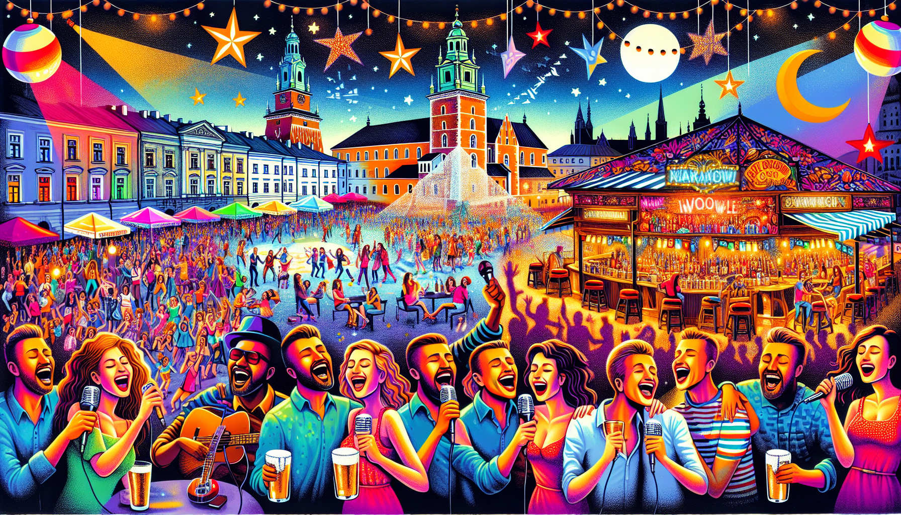 Eine Illustration, die einzigartige Nachtleben-Erlebnisse in Krakau zeigt.