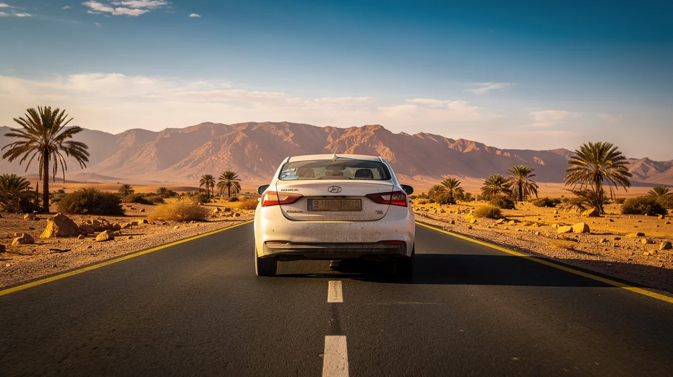 Une voiture de location roule sur une route du désert marocain, entourée de dunes de sable doré sous un ciel bleu. Cette scène évoque le confort et l'aventure d'un voyage, parfaite pour ceux qui souhaitent louer une voiture et explorer les paysages uniques du Maroc.
