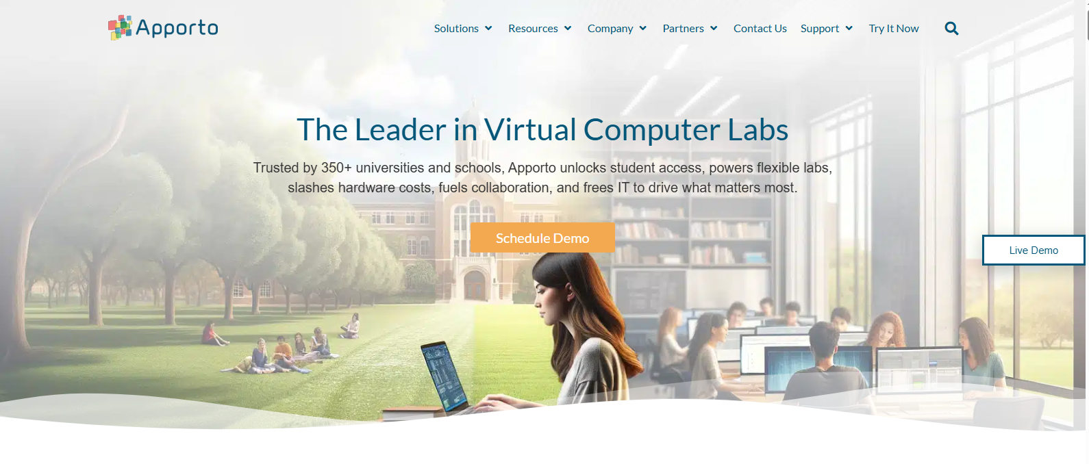 Apporto virtual computer labs homepage showcasing browser-based hands-on IT training and cloud lab solutions for educational institutions.