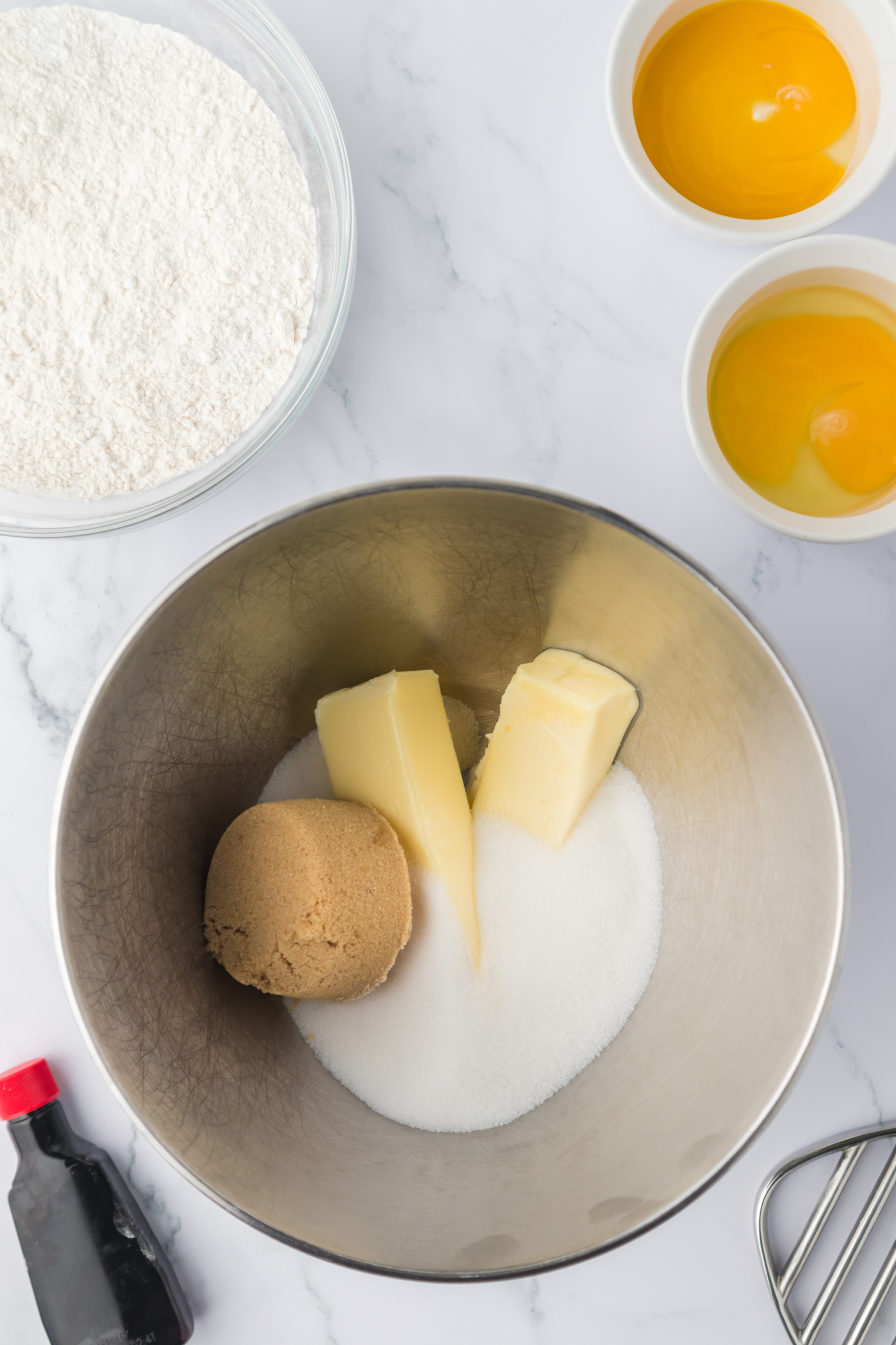 brown sugar, granulated sugar, and butter in a bowl