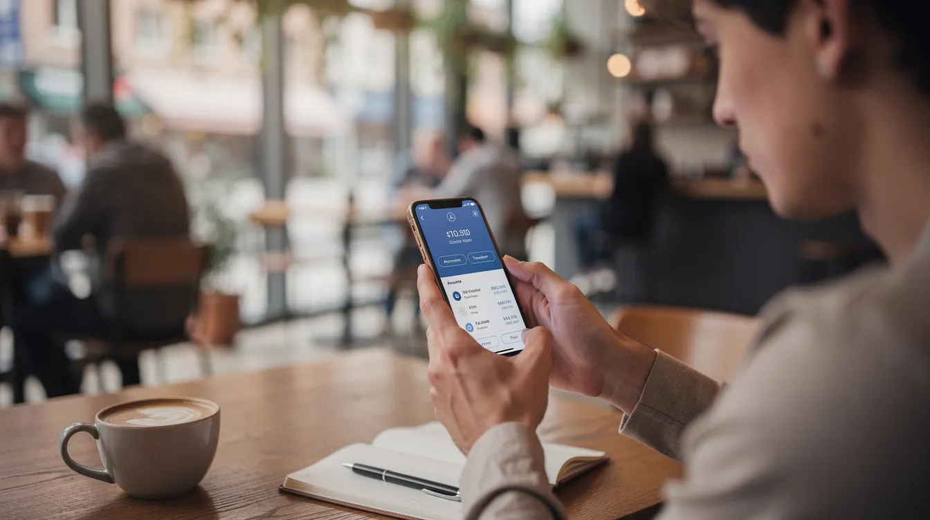 A person is sitting in a cozy coffee shop, holding a smartphone that displays a banking app interface, showcasing various banking services like account balances and payment options. This image highlights the growing role of mobile banking in the Slovak banking sector, catering to both retail customers and corporate clients.