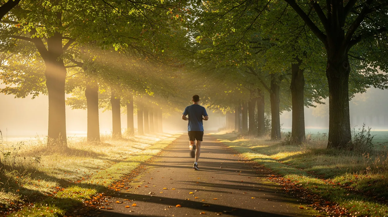 A person jogs along a tree-lined path, bathed in the warm morning sunlight, promoting cardiovascular and metabolic health. This scene highlights the importance of an active lifestyle in supporting healthy cholesterol levels and balanced blood sugar.