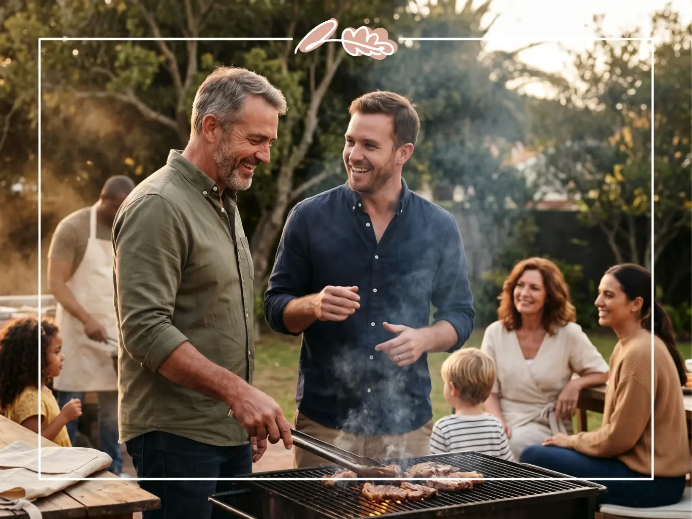 Father and adult son laughing over a braai grill at a Father's Day cooking class in a Cape Town family garden