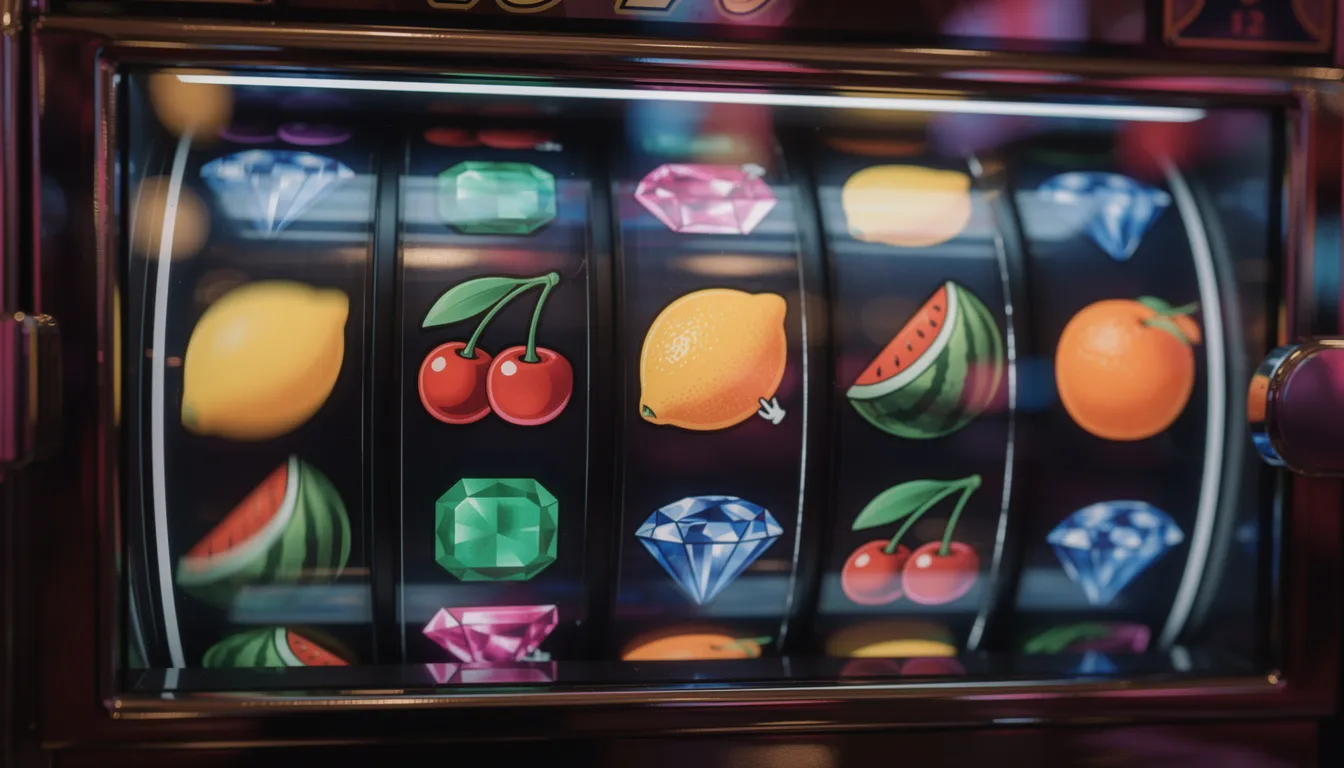 The image features vibrant slot machine reels adorned with various fruit and gem symbols, inviting players to engage in online slot games. This colorful display represents the excitement of casino games, where players can win real money and take advantage of generous bonus offers, such as free spins and deposit bonuses.