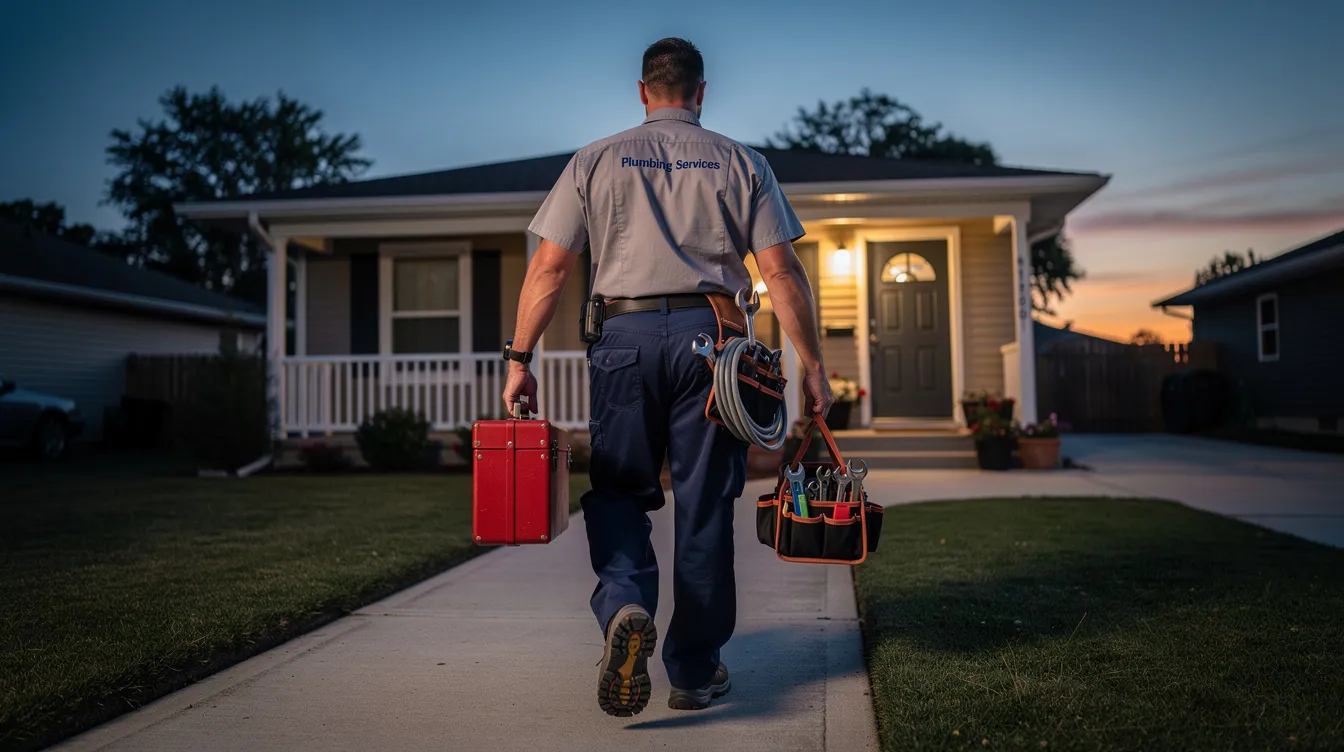 A licensed plumber is seen walking towards a residential front door at dusk, carrying a toolbox filled with essential tools for specialized residential plumbing services. The scene conveys a sense of professionalism and readiness to address plumbing needs, ensuring a smoothly functioning plumbing system for the home.