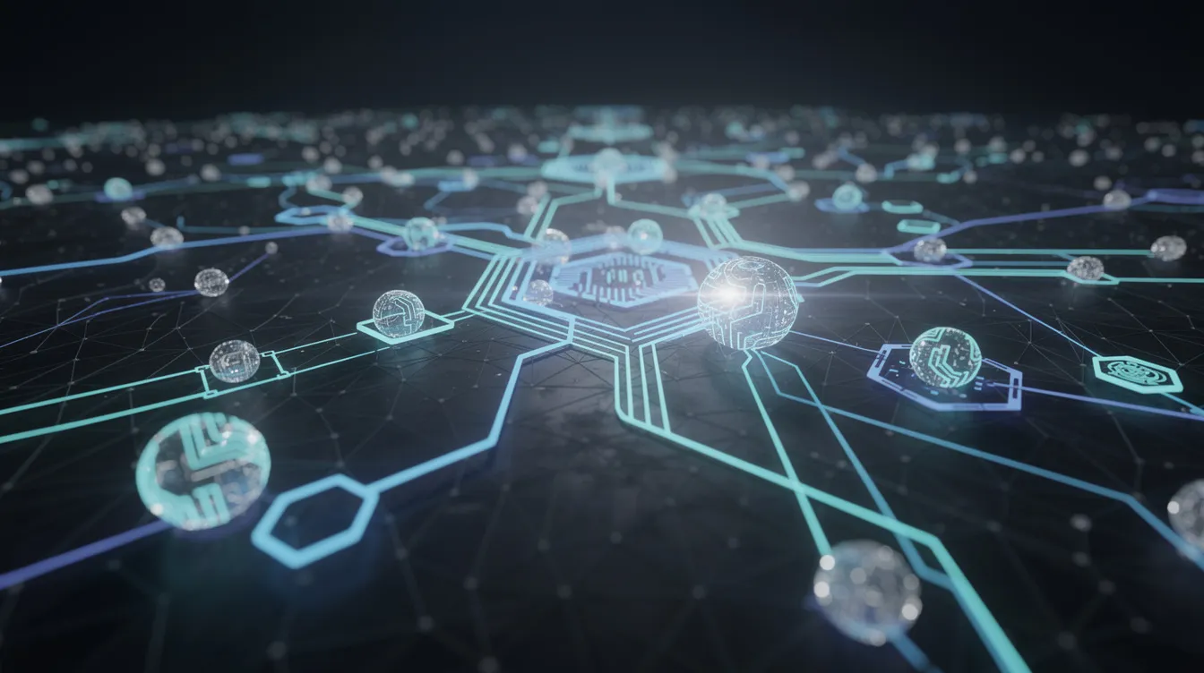 The image depicts an abstract network of interconnected nodes symbolizing blockchain technology, with glowing lines illustrating the connections between them. This visual representation emphasizes the complexity and dynamism of crypto trading, highlighting the importance of trading algorithms and strategies in the cryptocurrency market.