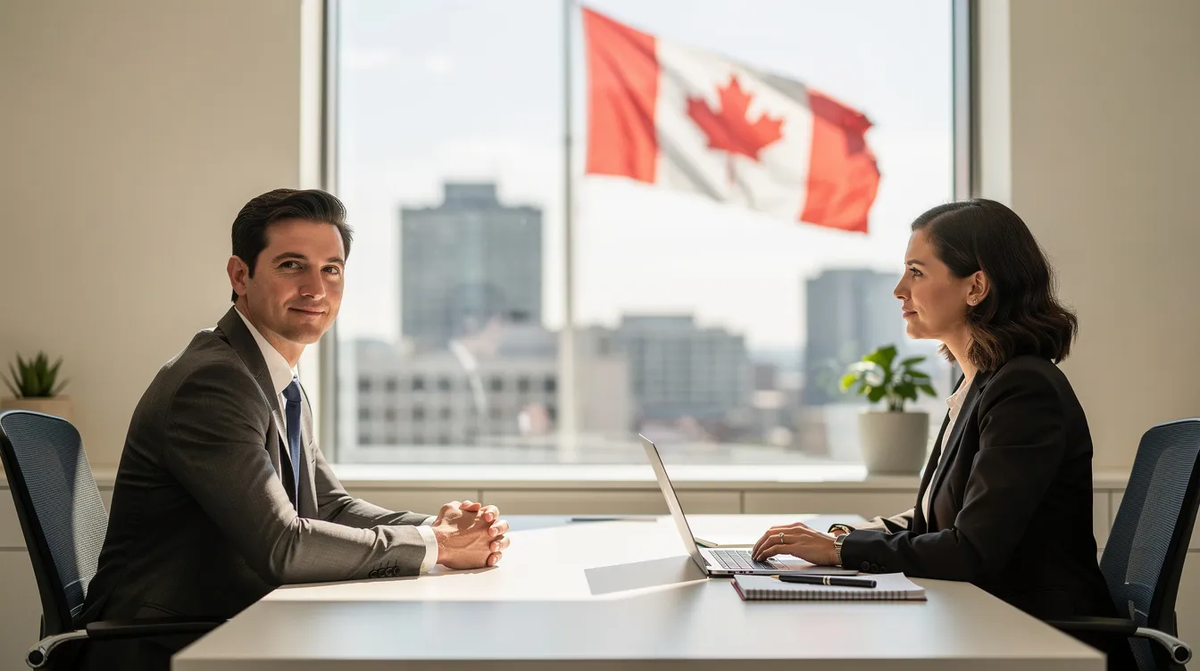 In a professional office setting, two people are seated across a desk, discussing matters related to immigration and citizenship, with a Canadian flag visible through the window, symbolizing the context of their conversation. This scene reflects the role of regulated Canadian immigration consultants who provide essential immigration and citizenship advice.