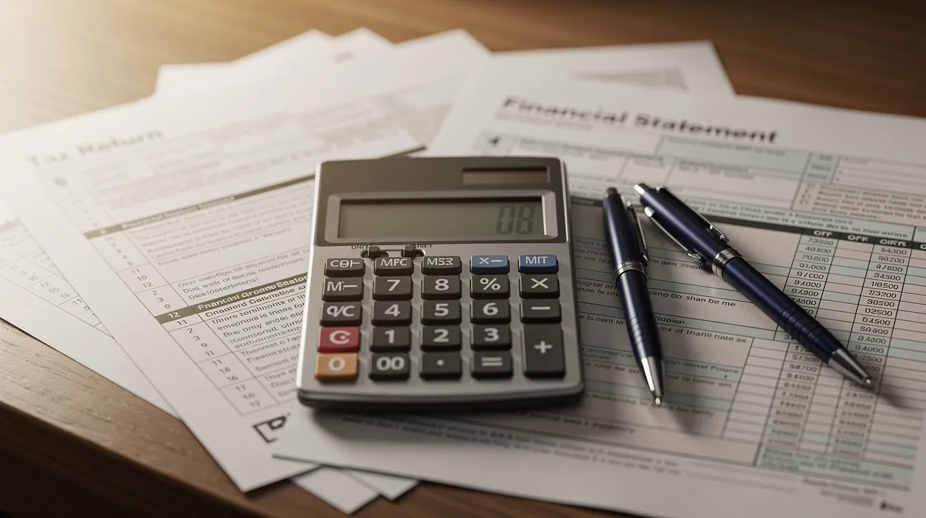The image features a calculator, tax forms, and a pen arranged on a wooden desk, symbolizing the process of financial planning and tax preparation. This setup represents the tools and methods used by individuals and businesses to manage their money effectively.