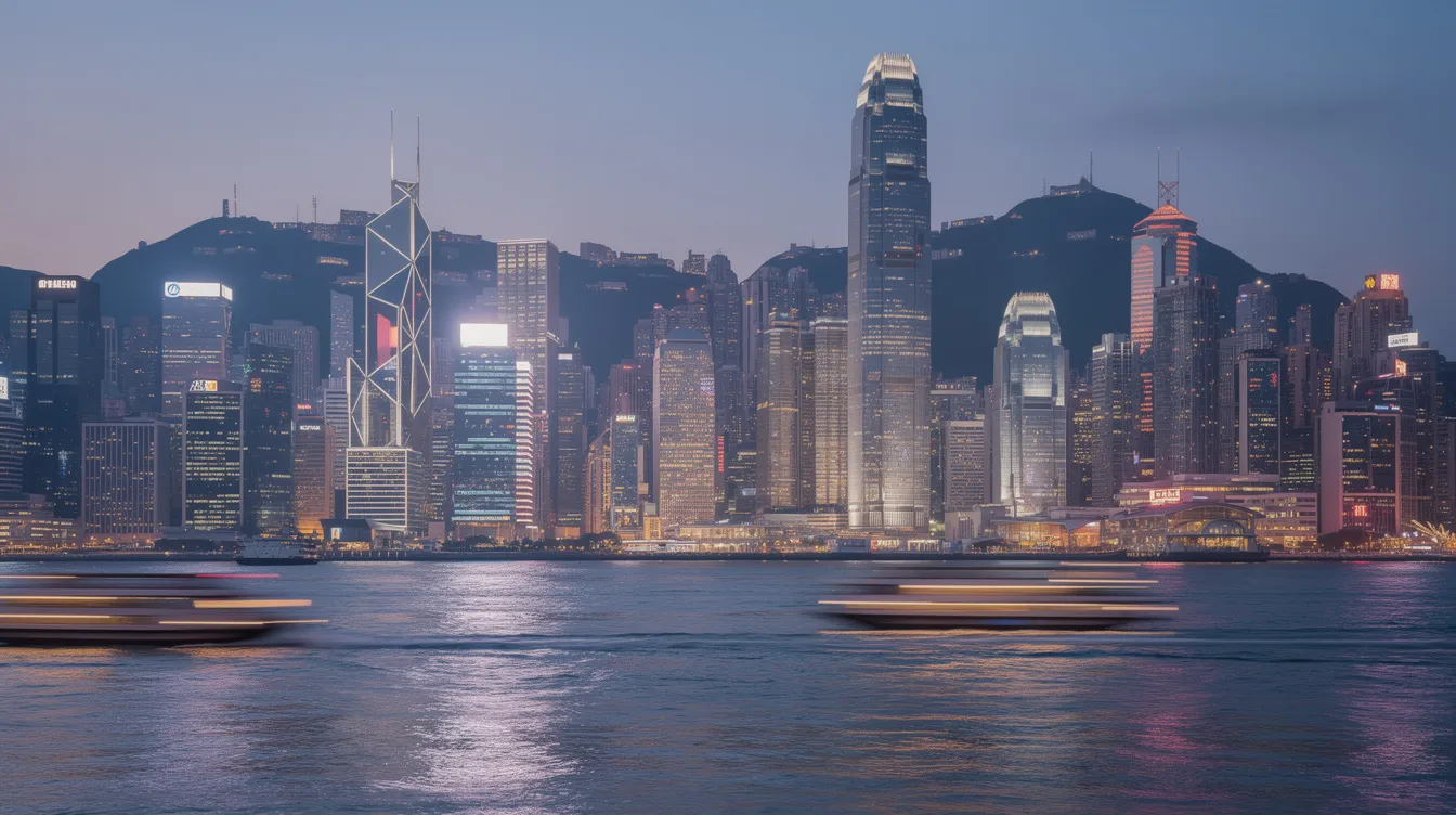 The image showcases the stunning Hong Kong skyline at dusk, with numerous office buildings illuminated against a twilight sky. The vibrant lights reflect the city's bustling atmosphere, highlighting its status as a financial hub.