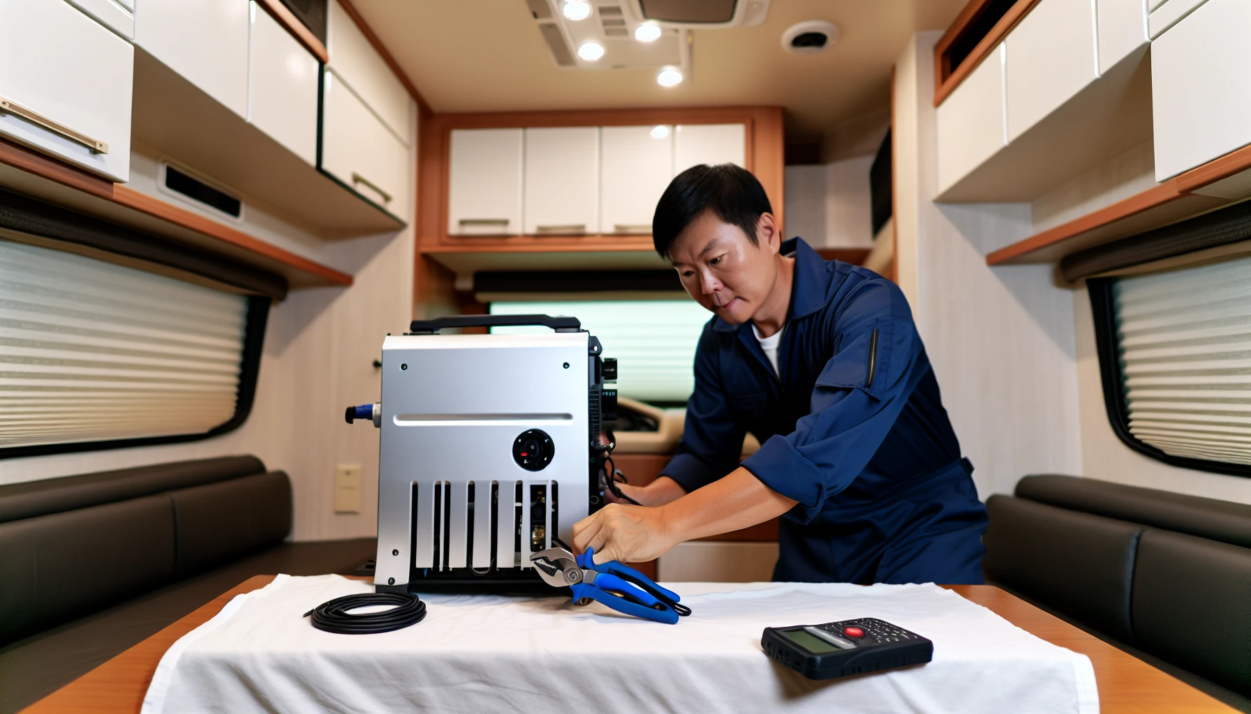 A photo of an inverter charger installed in an RV