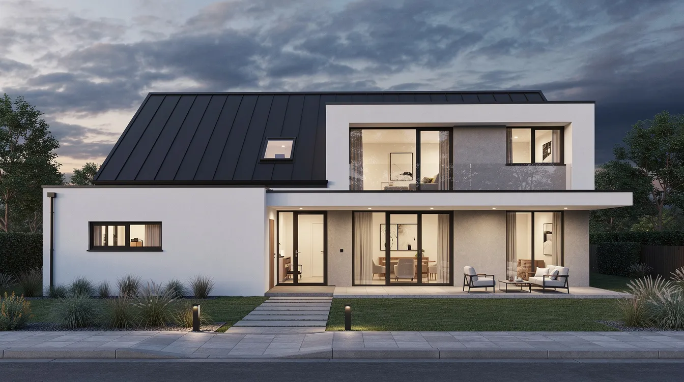 The image features a modern residential home showcasing a sleek dark standing seam metal roof, characterized by its clean lines and contemporary design. This type of metal roofing, known for its durability and low maintenance, enhances the home's curb appeal while providing excellent energy efficiency and wind resistance.