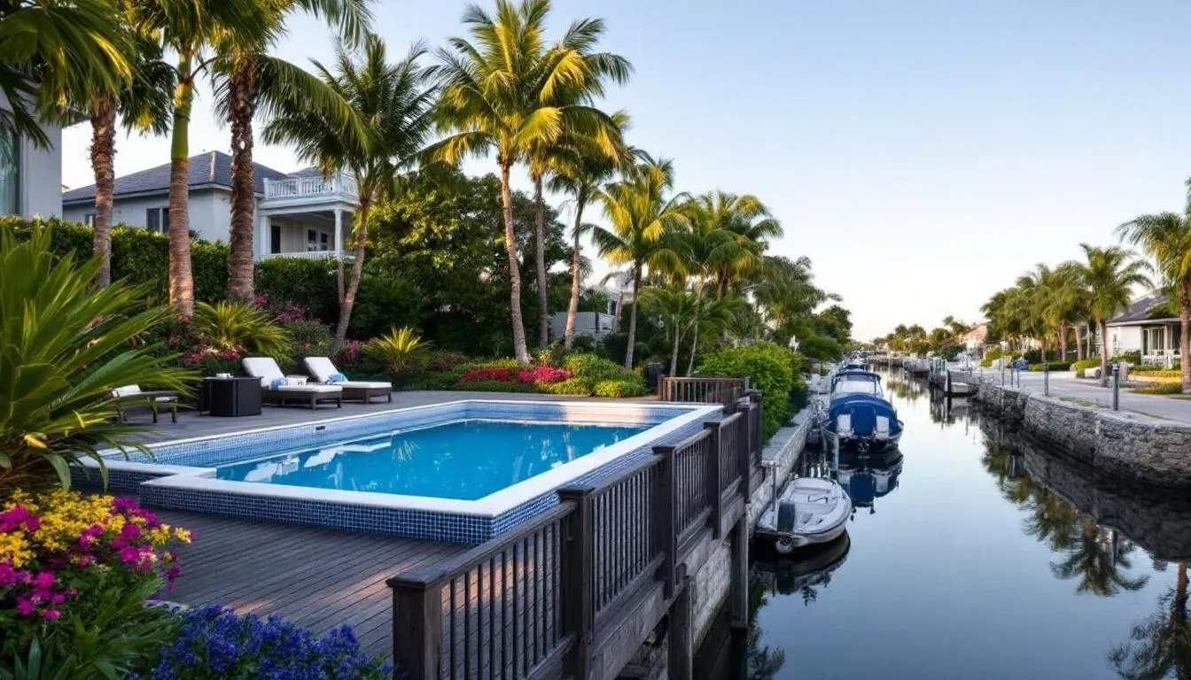 The image depicts a residential swimming pool surrounded by lush, mature landscaping, offering a scenic view of a tranquil canal. This property is located in the desirable Waterway Estates area of North Fort Myers, showcasing the beauty of North Fort Myers neighborhoods and their appealing real estate options.
